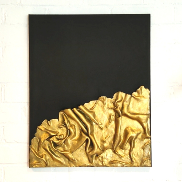 46. Original Textured Clay Painting in Black and Antique Gold - Picture 1 of 3